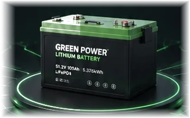 Green Power lithium battery on an illuminated platform